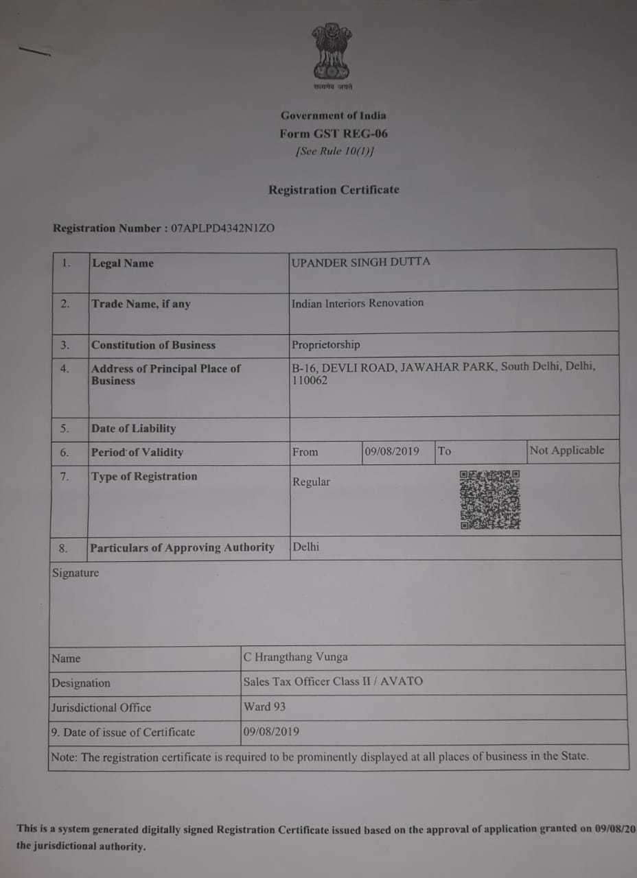 GST Certificate Indian Interiors Renovation